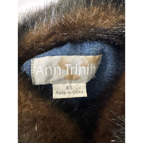 ANN TRINITY Brown Faux Fur Linen Blend Denim Jacket Size XS - Picture 5 of 6